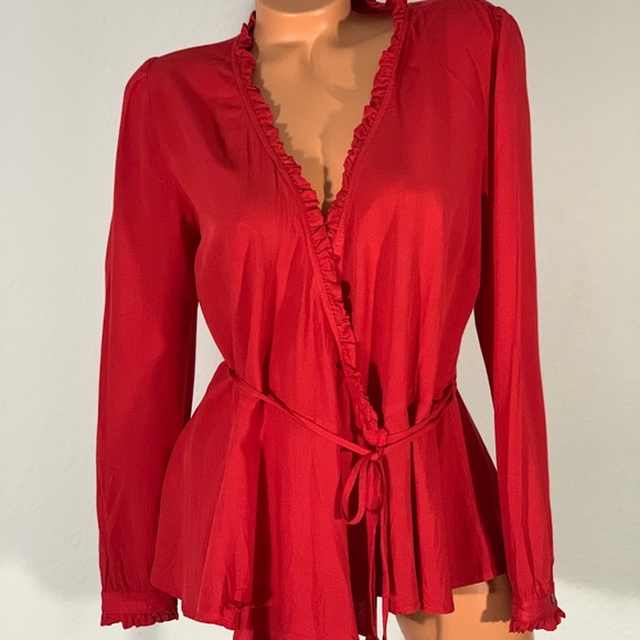 LOFT Red wrap top blouse shirt ruffle - Picture 2 of 13